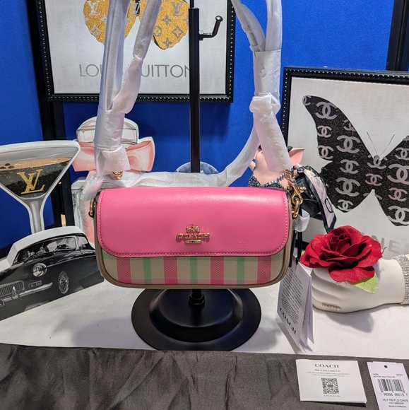 Coach Hailey Pink and Green Stripe Crossbody Bag Canvas And...